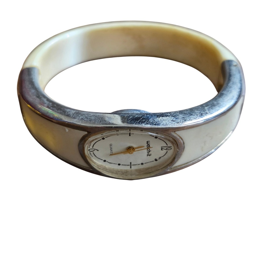 Vintage Watch-it Quartz Bangle Cuff Watch Cream Silver Tone Oval Face Retro